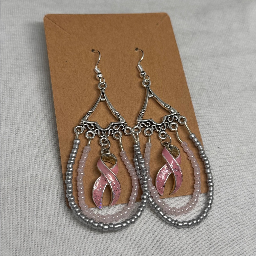 Chic Silver and Pink Ribbon Earrings